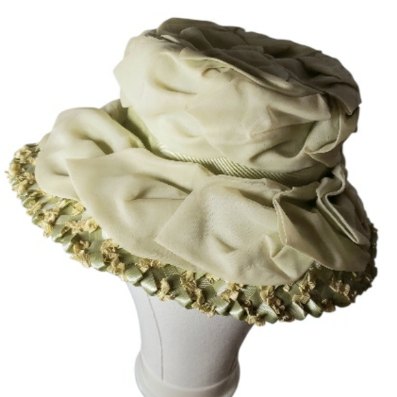 Vintage UHNA Union Cloche Hat Chiffon Raffia Green Gatsby Go-Go Weddings Events - Picture 6 of 10